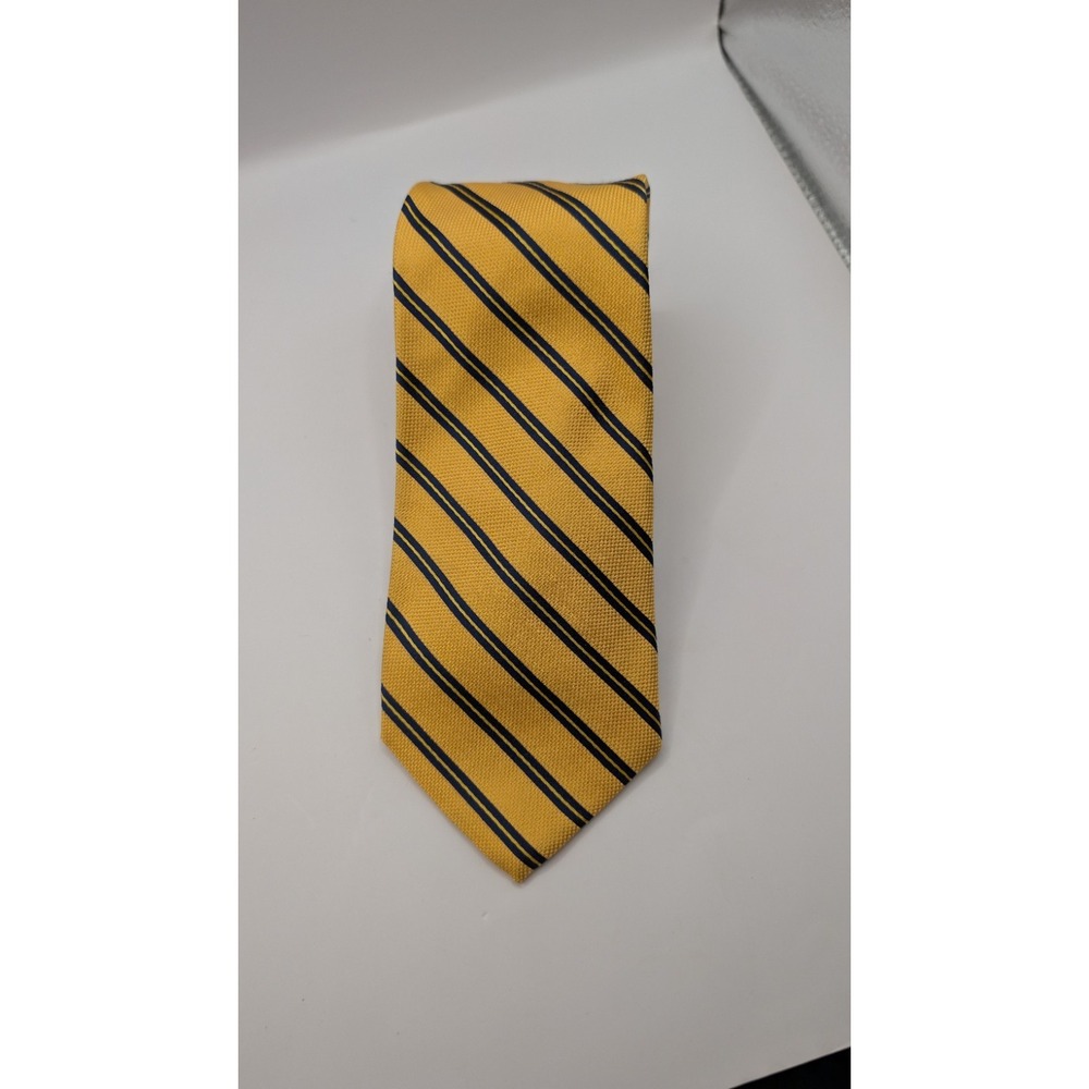 Lands End Mens Silk Necktie Yellow Navy Blue Striped Repp Stripe Hand Sewn USA